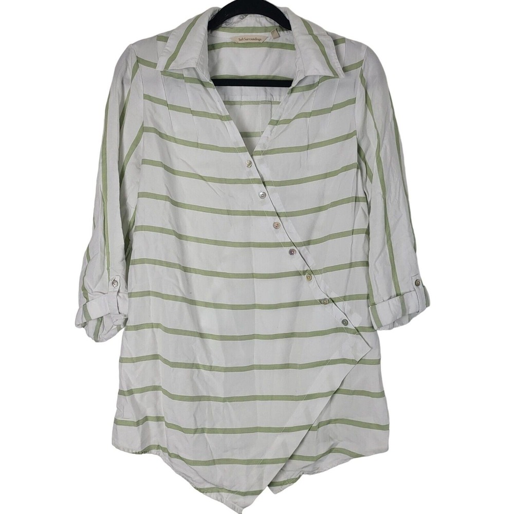 Soft Surroundings Top M Womens 3/4 Sleeve V Neck Pullover 100% Tencel Striped